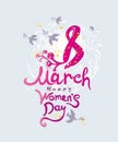 Happy Women`s Day. 8 March. Women`s day cute greeting card with spring birds and flowers. Royalty Free Stock Photo
