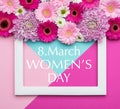 Happy Women`s Day Pastel Candy Coloured Background. Floral womens day flat lay greeting card. Royalty Free Stock Photo