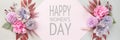 Happy Women`s Day Pastel and Muted Tones Banner. Flat lay floral greeting card with beautiful silk flowers.