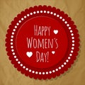 Happy Women`s Day Postcard Circle red on a crumpled paper brown background.