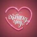 Happy Women`s Day script lettering inscription. Abstract background with bright pink vector neon heart.