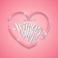 Happy Women`s Day script lettering inscription. Vector neon sign. Abstract background with bright pink vector neon heart. Royalty Free Stock Photo