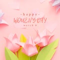 Happy Womens Day text on pink background with paper origami handmade tulips with small blurred hearts. March 8