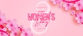 Happy women`s day text vector design. Women`s day international march 8 celebration with cherry blossom Royalty Free Stock Photo