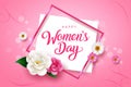 Happy women\'s day text vector template design. Women\'s day in empty space and pink background Royalty Free Stock Photo