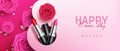 Happy women\'s day vector design. International women\'s and Mother\'s Day celebration with flowers and lipstick Royalty Free Stock Photo