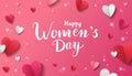 Happy Women`s Day vector greeting card design with beautiful hand written text and paper hearts with white hand drawn flowers on Royalty Free Stock Photo