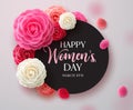 Happy women`s day vector template design. March 8 women`s day greeting in black empty space for text with camellia flower elements
