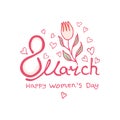 Happy Women`s Day vector template with flower for the March 8 lettering design. Blooming rose bow and airy hearts.