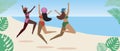 Friends at sea resort, beach as template for copy space, flat vector stock illustration with beautiful women and happy jump