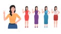 Happy women shows gesture of victory by hand and other hand on waist. flat hand gesture vector