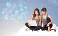 Happy women sitting on clous with cloud computing