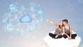 Happy women sitting on clous with cloud computing