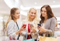 Happy women with smartphones and shopping bags