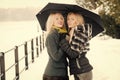 Happy women smiling under umbrella on winter day