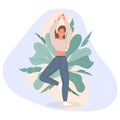 Happy women stand on floor and meditating in yoga pose. Meditation practice concept in cartoon style. Vector Royalty Free Stock Photo