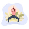 Happy women stand on floor and meditating in yoga pose. Meditation practice concept in cartoon style. Vector Royalty Free Stock Photo