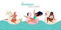 Happy women at a summer beach party. People swim in the pool or in the sea on the inflatable floats, flamingos, Swan, unicorn. Royalty Free Stock Photo