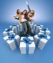 Happy women surrounded by gifts blue Royalty Free Stock Photo