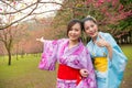 Happy women wearing traditional kimono travel Royalty Free Stock Photo