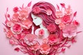 Happy Womens day. Beautiful woman with pink blooming flowers, paper cut out illustration. Modern colorful floral greeting card. Royalty Free Stock Photo