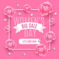 Happy Womens day big sale background, poster template. Pink abstract background with roses diamond and pearl ornaments Royalty Free Stock Photo