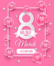 Happy Womens day big sale background, poster template. Pink abstract background with roses diamond and pearl ornaments Royalty Free Stock Photo