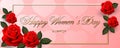 Happy Womens Day calligraphic golden text on pink background with hearts and red roses banner or poster layout