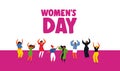 Happy Womens day card with diverse women dancing