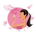 Happy womens day card girl daisy flower pink hearts image Royalty Free Stock Photo