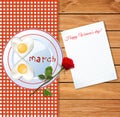 Happy womens day greeting card with number 8 shaped omelet and r