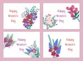 Happy Womens Day greeting cards. Vector set of spring holiday postcards. Bouquet of flowers isolated as gift for woman, blossom Royalty Free Stock Photo