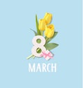 Happy Womens Day. 8 March design template. White number 8 with decorative gift box and yellow tulip flowers.