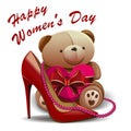 Happy Womens Day. 8 March. Greeting card with women shoe, pink beads, teddy bear, heart