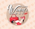 Happy Womens day text design with bag, shoes, lips on pink background with hearts. Vector illustration Royalty Free Stock Photo