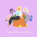 Happy womens day 8th march, beautiful long hair girl with spring flowers sits on bag of money coins vector illustration.