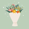 Happy Women March 8. Set cute postcard, a poster with a bouquet of flowers and stars. Spring composition Royalty Free Stock Photo