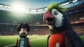 Happy Woodpecker Mascot Supporting Soccer Team In Cinematic Stadium