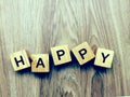 Happy word wooden block on wooden background