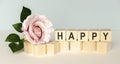 Happy word wooden cubes on a pink Royalty Free Stock Photo