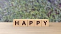 Happy word Wooden cubes on table horizontal over blur background climbing, mock up, template, banner with copy space for text, Royalty Free Stock Photo