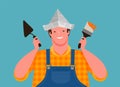 Happy worker holding building tools. Finishing work, cartoon vector illustration