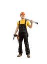 Happy worker repairman or builder with construction tool Royalty Free Stock Photo