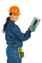 Happy worker woman with notched Royalty Free Stock Photo