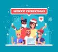 Happy workers are celebrating Christmas and New Year. Xmas party. Illustration for greeting card or banner. Vector.