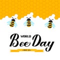 Happy World Bee Day calligraphy hand lettering with cute cartoon bees and honeycombs isolated on white. Easy to edit vector