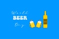 Happy World beer day horizonatal banner with cartoon beer glass isolated on blue background. International beer day poster