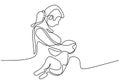 Happy World Breastfeeding Day. One continuous line drawing of mother and her baby. Young beautiful mom is sitting while