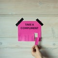 Happy World Compliment Day. Take a compliment. Pink wall paper sticker with text of popular compliments for beautiful lady pasted