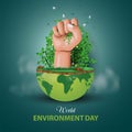 Happy world environment and earth day. big hand holding plants with half global map. vector illustration design Royalty Free Stock Photo